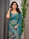 Teal Green Scenic Printed Organza Saree with Garden Pavilion Artwork Pallu | Designer Lightweight Organza Saree with Floral Motifs & Decorative Border | Festive & Party Wear Saree with Blouse Piece