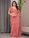 Dusty Rose Floral Printed Organza Saree | Designer Soft Sheer Organza Saree with Large Blossom Prints & Matching Blouse Piece | Party & Festive Wear Saree