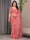 Dusty Rose Floral Printed Organza Saree | Designer Soft Sheer Organza Saree with Large Blossom Prints & Matching Blouse Piece | Party & Festive Wear Saree