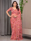 Dusty Rose Floral Printed Organza Saree | Designer Soft Sheer Organza Saree with Large Blossom Prints & Matching Blouse Piece | Party & Festive Wear Saree