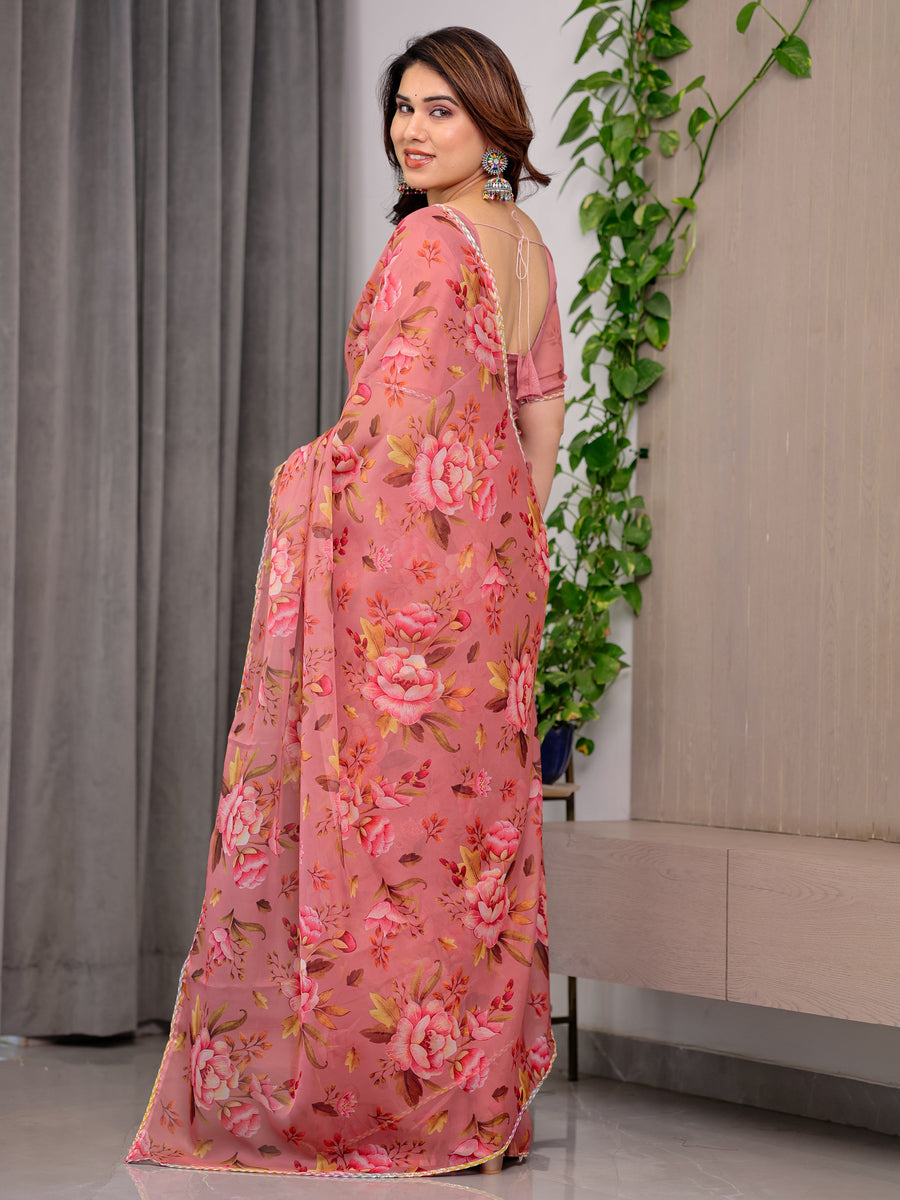 Dusty Rose Floral Printed Organza Saree | Designer Soft Sheer Organza Saree with Large Blossom Prints & Matching Blouse Piece | Party & Festive Wear Saree