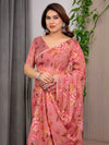 Dusty Rose Floral Printed Organza Saree | Designer Soft Sheer Organza Saree with Large Blossom Prints & Matching Blouse Piece | Party & Festive Wear Saree