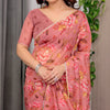 Dusty Rose Floral Printed Organza Saree | Designer Soft Sheer Organza Saree with Large Blossom Prints & Matching Blouse Piece | Party & Festive Wear Saree