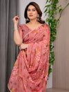 Dusty Rose Floral Printed Organza Saree | Designer Soft Sheer Organza Saree with Large Blossom Prints & Matching Blouse Piece | Party & Festive Wear Saree