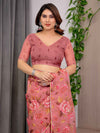 Dusty Rose Floral Printed Organza Saree | Designer Soft Sheer Organza Saree with Large Blossom Prints & Matching Blouse Piece | Party & Festive Wear Saree