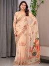 Peach Beige Scenic Printed Organza Saree with Royal Garden Palace Artwork Pallu | Designer Lightweight Organza Saree with Floral Border & Matching Blouse Piece | Festive & Party Wear Saree