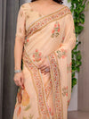 Peach Beige Scenic Printed Organza Saree with Royal Garden Palace Artwork Pallu | Designer Lightweight Organza Saree with Floral Border & Matching Blouse Piece | Festive & Party Wear Saree