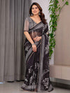 Black Floral Printed Organza Saree with Intricate Ethnic Border & Multicolour Lace Edges | Lightweight Designer Organza Saree with Attached Blouse Piece | Festive & Party Wear Saree