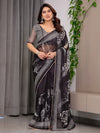 Black Floral Printed Organza Saree with Intricate Ethnic Border & Multicolour Lace Edges | Lightweight Designer Organza Saree with Attached Blouse Piece | Festive & Party Wear Saree