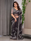 Black Floral Printed Organza Saree with Intricate Ethnic Border & Multicolour Lace Edges | Lightweight Designer Organza Saree with Attached Blouse Piece | Festive & Party Wear Saree