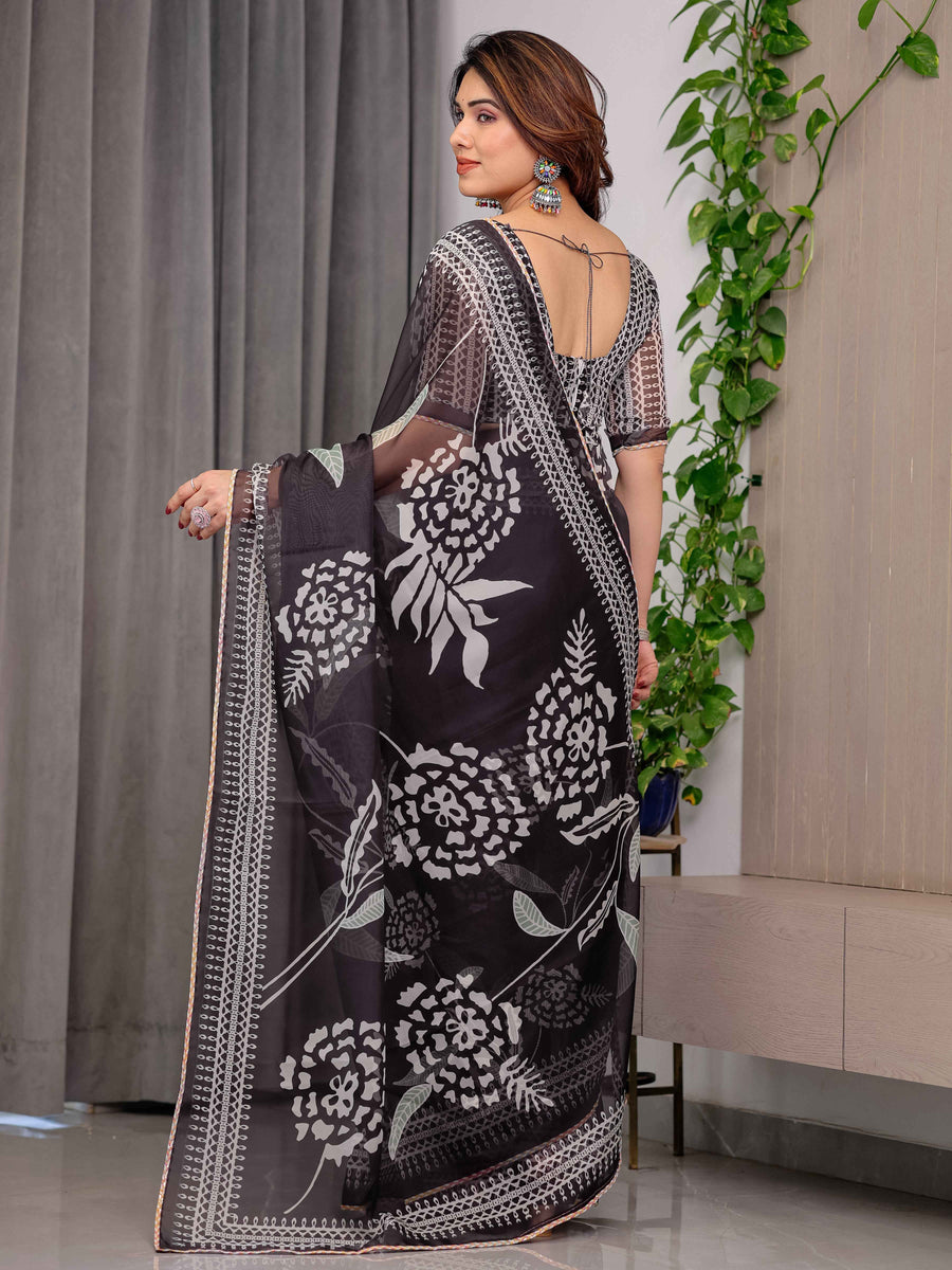 Black Floral Printed Organza Saree with Intricate Ethnic Border & Multicolour Lace Edges | Lightweight Designer Organza Saree with Attached Blouse Piece | Festive & Party Wear Saree