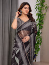 Black Floral Printed Organza Saree with Intricate Ethnic Border & Multicolour Lace Edges | Lightweight Designer Organza Saree with Attached Blouse Piece | Festive & Party Wear Saree