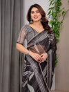 Black Floral Printed Organza Saree with Intricate Ethnic Border & Multicolour Lace Edges | Lightweight Designer Organza Saree with Attached Blouse Piece | Festive & Party Wear Saree