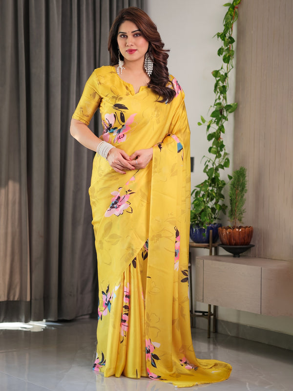 Sunshine Yellow Satin Georgette Saree | Multicolor Watercolour Flowers & Back-Knot Blouse – Buy Online