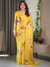 Sunshine Yellow Satin Georgette Saree | Multicolor Watercolour Flowers & Back-Knot Blouse – Buy Online