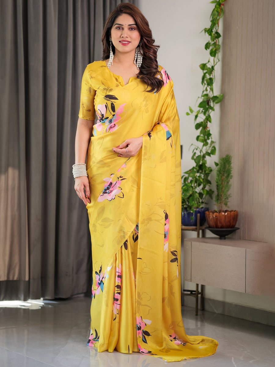 Sunshine Yellow Satin Georgette Saree | Multicolor Watercolour Flowers & Back-Knot Blouse – Buy Online