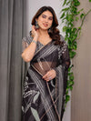 Black Floral Printed Organza Saree with Intricate Ethnic Border & Multicolour Lace Edges | Lightweight Designer Organza Saree with Attached Blouse Piece | Festive & Party Wear Saree