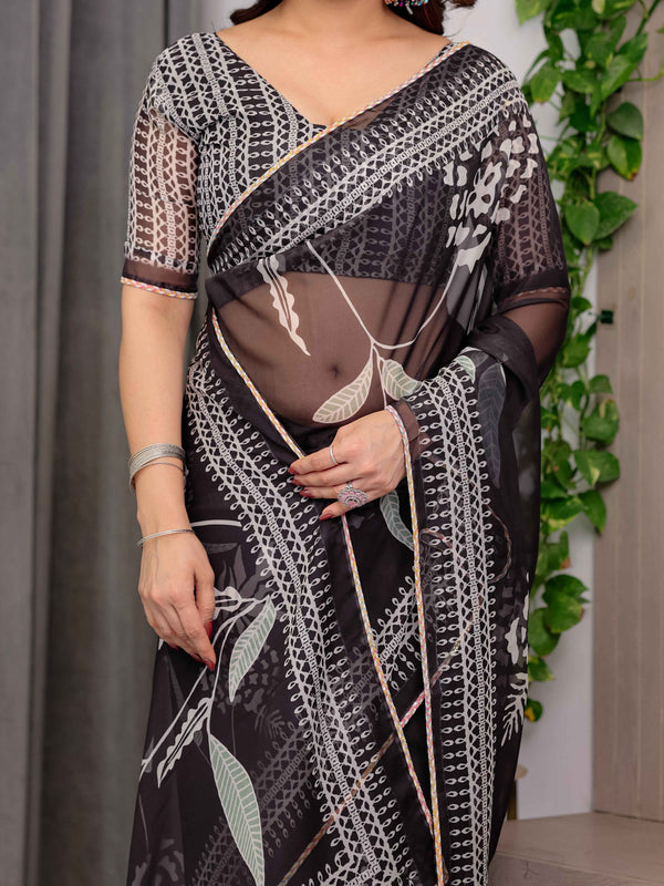 Black Floral Printed Organza Saree with Intricate Ethnic Border & Multicolour Lace Edges | Lightweight Designer Organza Saree with Attached Blouse Piece | Festive & Party Wear Saree