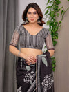Black Floral Printed Organza Saree with Intricate Ethnic Border & Multicolour Lace Edges | Lightweight Designer Organza Saree with Attached Blouse Piece | Festive & Party Wear Saree
