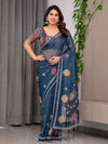 Navy Blue Printed Organza Saree with Geometric Motifs & Multicolour Lace Border | Designer Lightweight Organza Saree with Attached Blouse Piece | Festive & Party Wear Saree