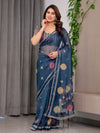 Navy Blue Printed Organza Saree with Geometric Motifs & Multicolour Lace Border | Designer Lightweight Organza Saree with Attached Blouse Piece | Festive & Party Wear Saree
