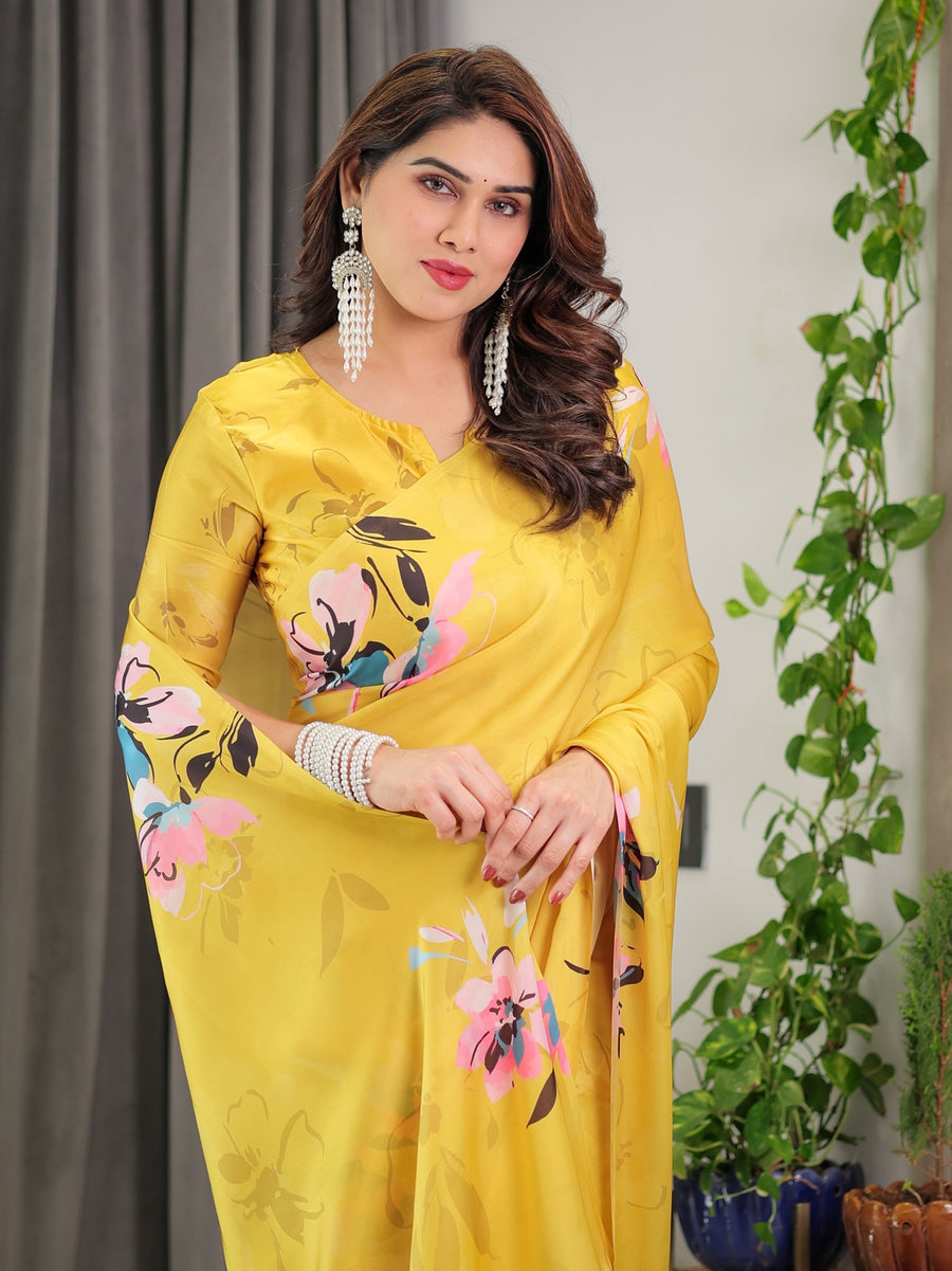 Sunshine Yellow Satin Georgette Saree | Multicolor Watercolour Flowers & Back-Knot Blouse – Buy Online