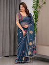 Navy Blue Printed Organza Saree with Geometric Motifs & Multicolour Lace Border | Designer Lightweight Organza Saree with Attached Blouse Piece | Festive & Party Wear Saree