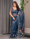Navy Blue Printed Organza Saree with Geometric Motifs & Multicolour Lace Border | Designer Lightweight Organza Saree with Attached Blouse Piece | Festive & Party Wear Saree