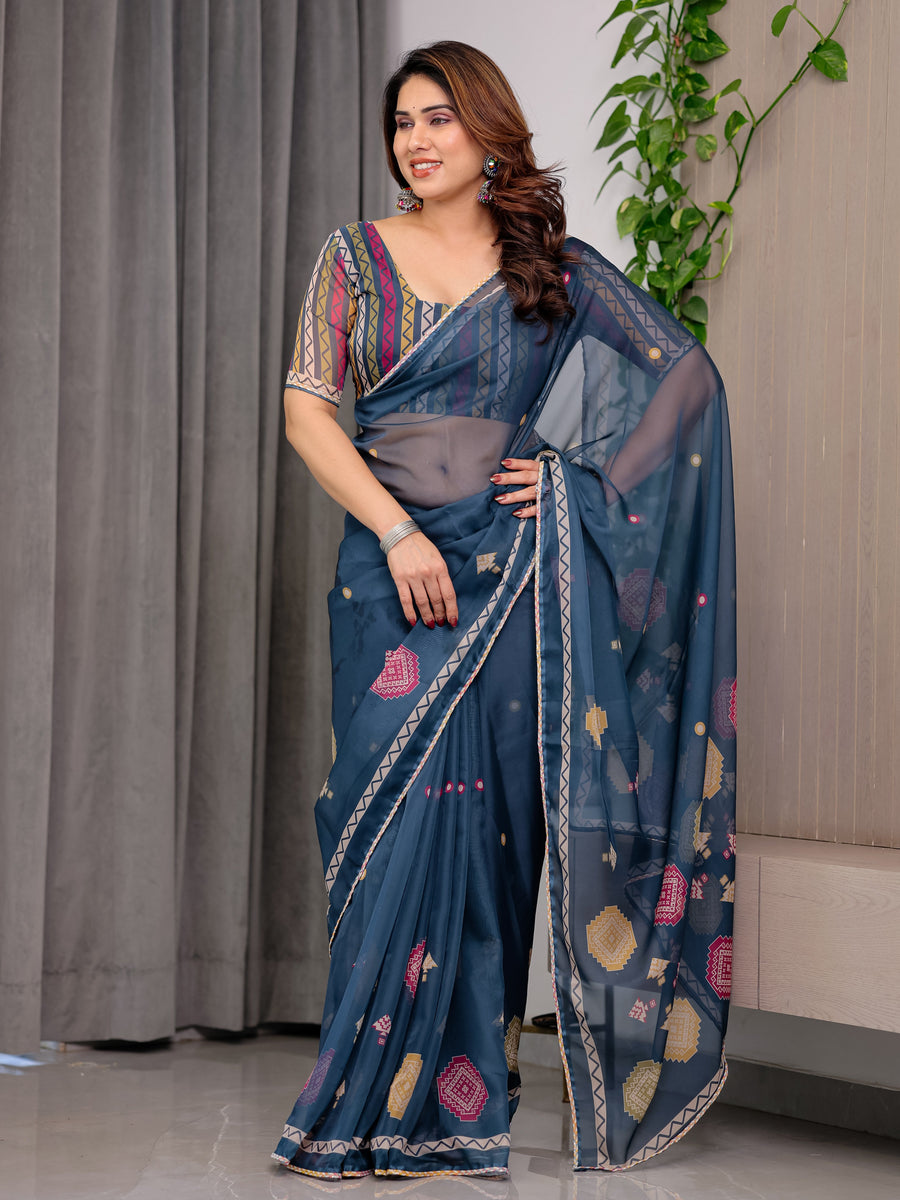 Navy Blue Printed Organza Saree with Geometric Motifs & Multicolour Lace Border | Designer Lightweight Organza Saree with Attached Blouse Piece | Festive & Party Wear Saree