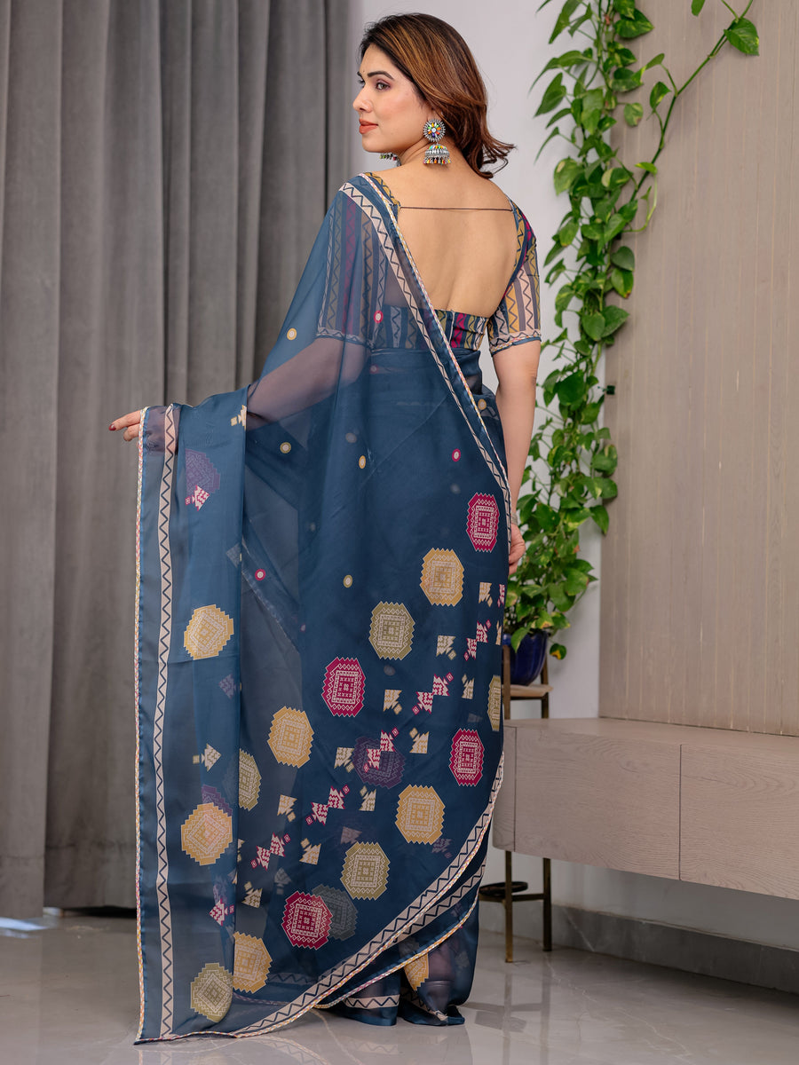 Navy Blue Printed Organza Saree with Geometric Motifs & Multicolour Lace Border | Designer Lightweight Organza Saree with Attached Blouse Piece | Festive & Party Wear Saree