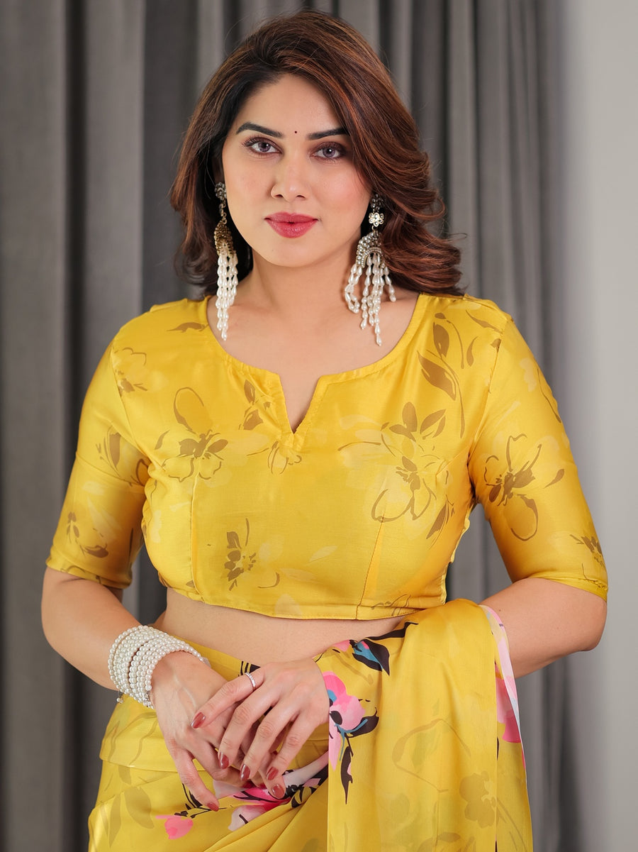 Sunshine Yellow Satin Georgette Saree | Multicolor Watercolour Flowers & Back-Knot Blouse – Buy Online