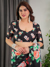 Black Satin Georgette Saree | Multicolor Rose Print & Designer Tie-Back Blouse – Buy Online