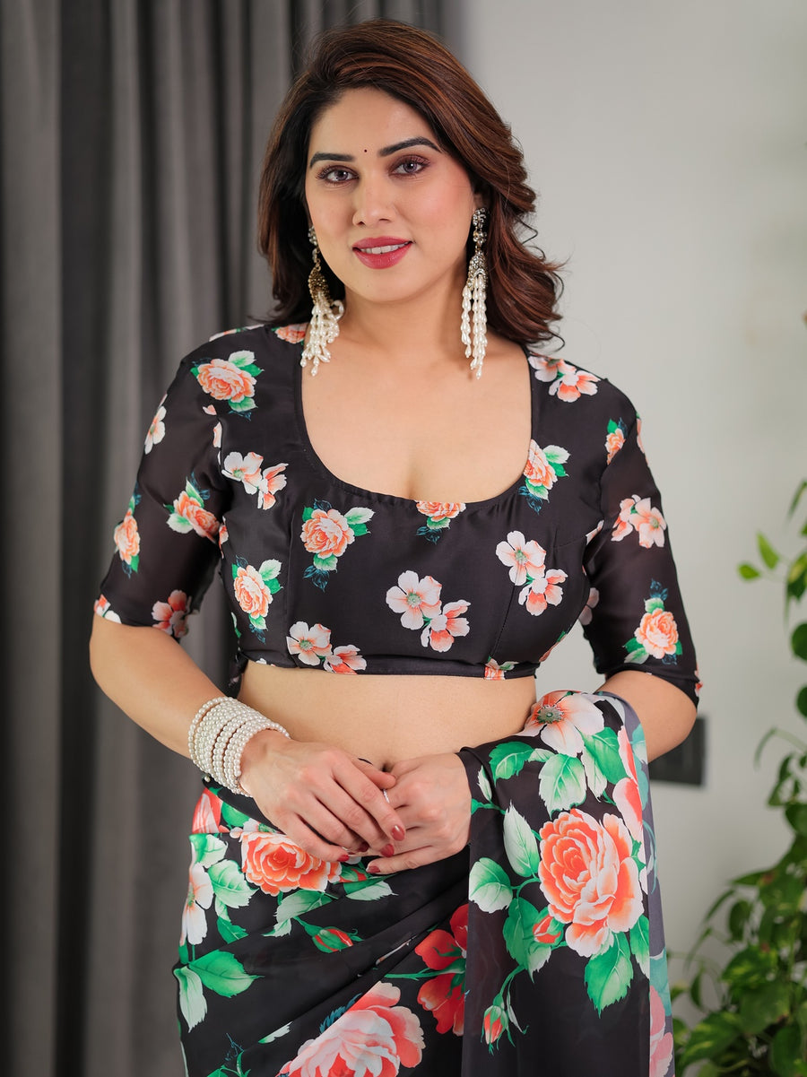 Black Satin Georgette Saree | Multicolor Rose Print & Designer Tie-Back Blouse – Buy Online