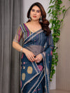 Navy Blue Printed Organza Saree with Geometric Motifs & Multicolour Lace Border | Designer Lightweight Organza Saree with Attached Blouse Piece | Festive & Party Wear Saree