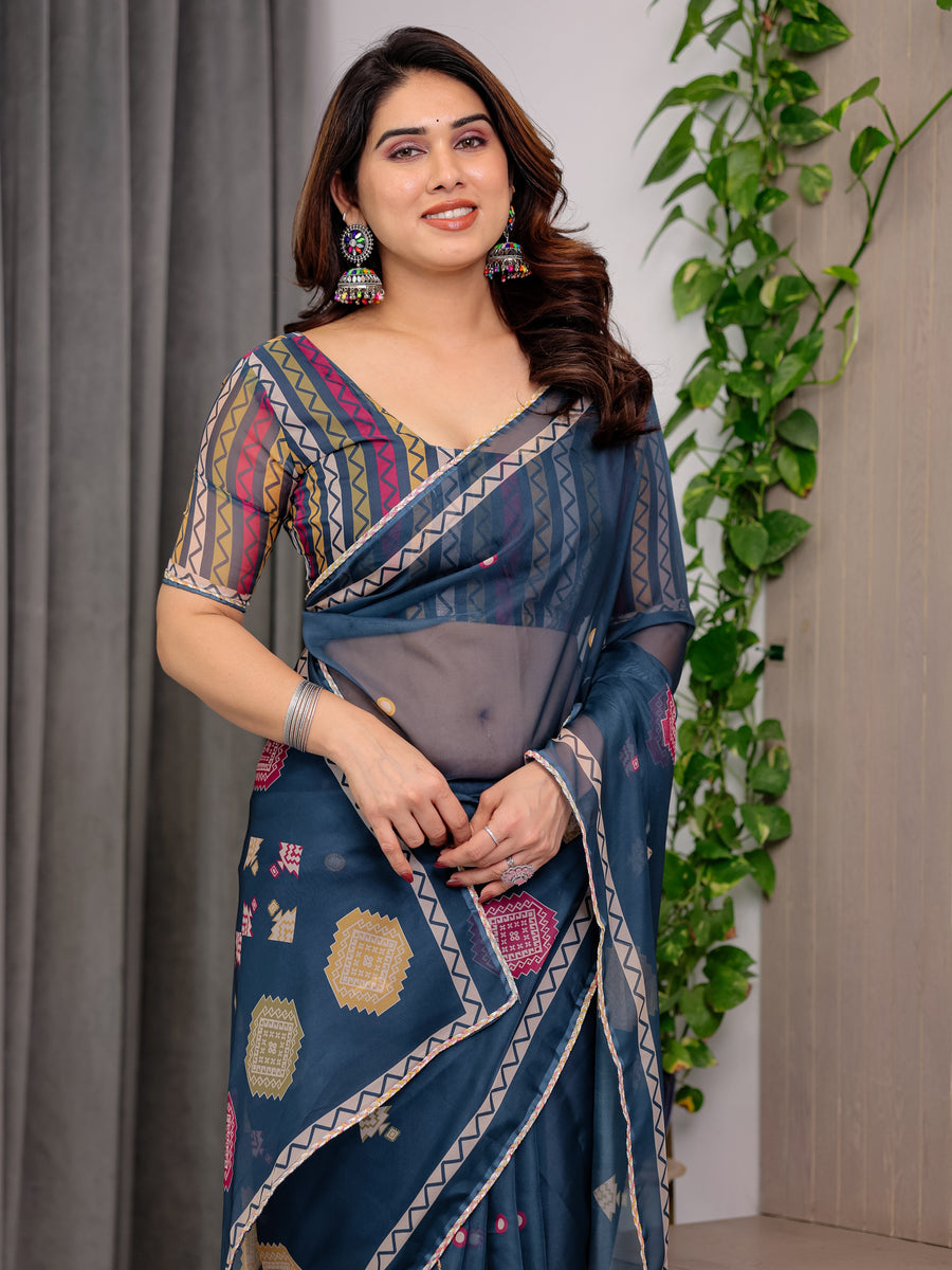 Navy Blue Printed Organza Saree with Geometric Motifs & Multicolour Lace Border | Designer Lightweight Organza Saree with Attached Blouse Piece | Festive & Party Wear Saree