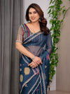 Navy Blue Printed Organza Saree with Geometric Motifs & Multicolour Lace Border | Designer Lightweight Organza Saree with Attached Blouse Piece | Festive & Party Wear Saree