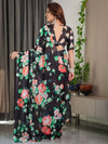 Black Satin Georgette Saree | Multicolor Rose Print & Designer Tie-Back Blouse – Buy Online
