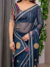 Navy Blue Printed Organza Saree with Geometric Motifs & Multicolour Lace Border | Designer Lightweight Organza Saree with Attached Blouse Piece | Festive & Party Wear Saree