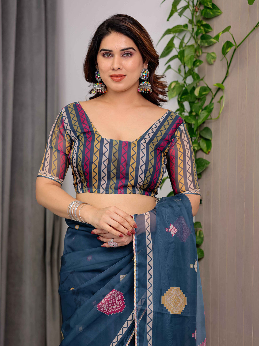 Navy Blue Printed Organza Saree with Geometric Motifs & Multicolour Lace Border | Designer Lightweight Organza Saree with Attached Blouse Piece | Festive & Party Wear Saree