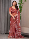 Rust Terracotta Printed Organza Saree with Mandala Motifs & Geometric Border | Designer Lightweight Organza Saree with Multicolour Lace Edge | Festive & Party Wear Saree