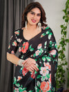 Black Satin Georgette Saree | Multicolor Rose Print & Designer Tie-Back Blouse – Buy Online