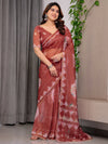 Rust Terracotta Printed Organza Saree with Mandala Motifs & Geometric Border | Designer Lightweight Organza Saree with Multicolour Lace Edge | Festive & Party Wear Saree