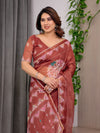 Rust Terracotta Printed Organza Saree with Mandala Motifs & Geometric Border | Designer Lightweight Organza Saree with Multicolour Lace Edge | Festive & Party Wear Saree