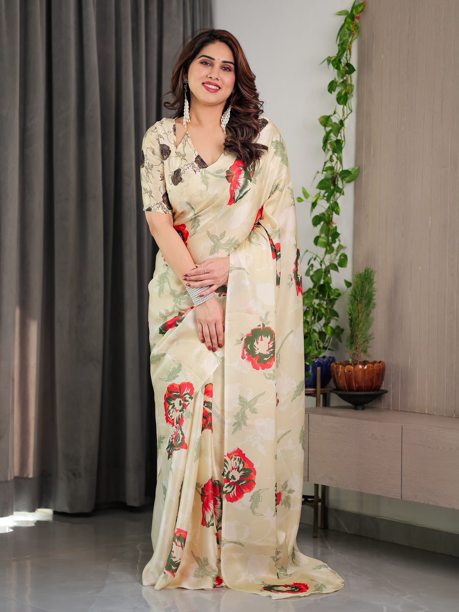 Cream Satin Georgette Saree | Red & Green Artistic Flower Print & Contrast Blouse – Buy Online