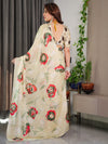 Cream Satin Georgette Saree | Red & Green Artistic Flower Print & Contrast Blouse – Buy Online