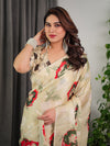 Cream Satin Georgette Saree | Red & Green Artistic Flower Print & Contrast Blouse – Buy Online
