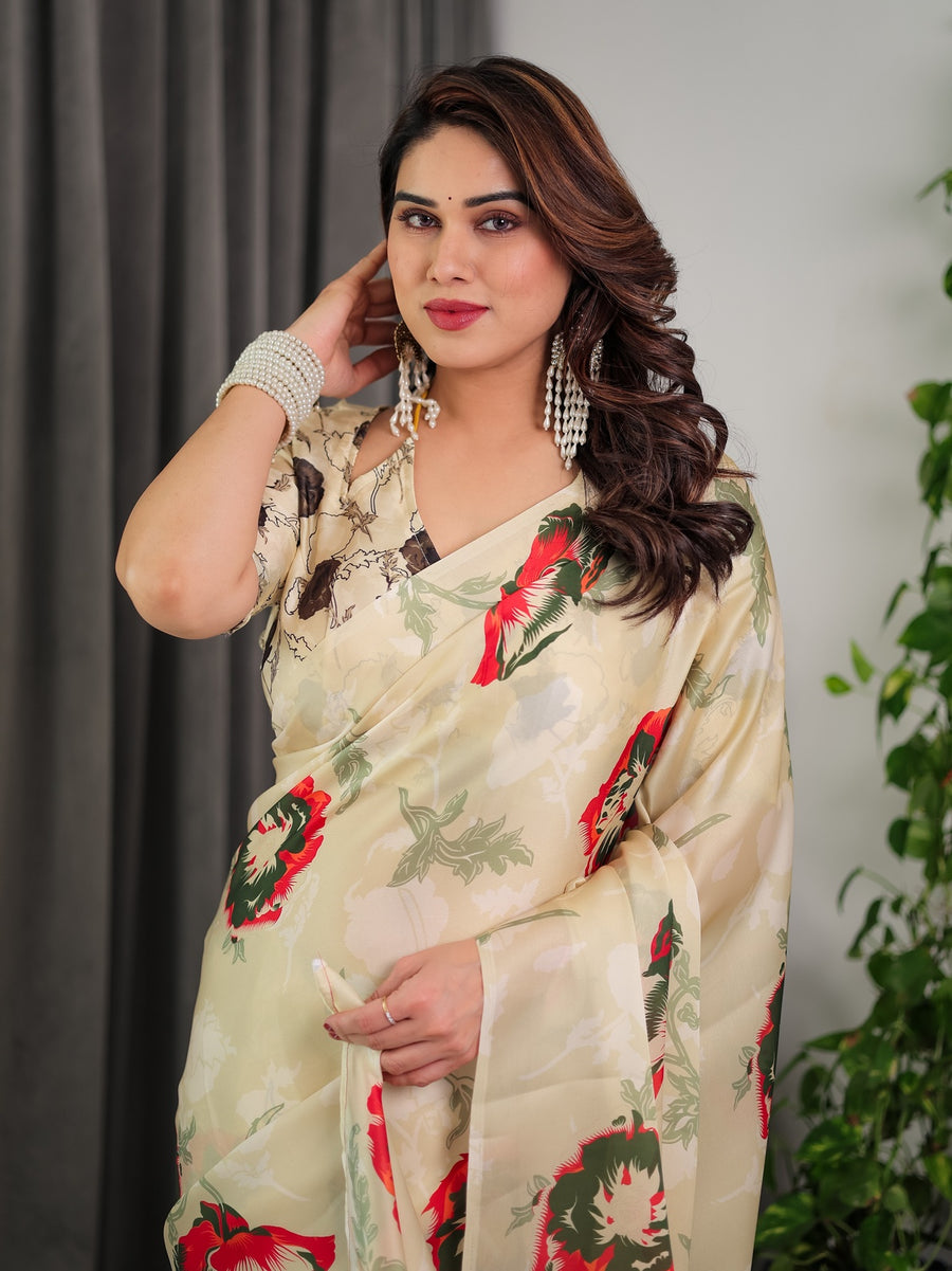 Cream Satin Georgette Saree | Red & Green Artistic Flower Print & Contrast Blouse – Buy Online