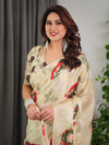 Cream Satin Georgette Saree | Red & Green Artistic Flower Print & Contrast Blouse – Buy Online