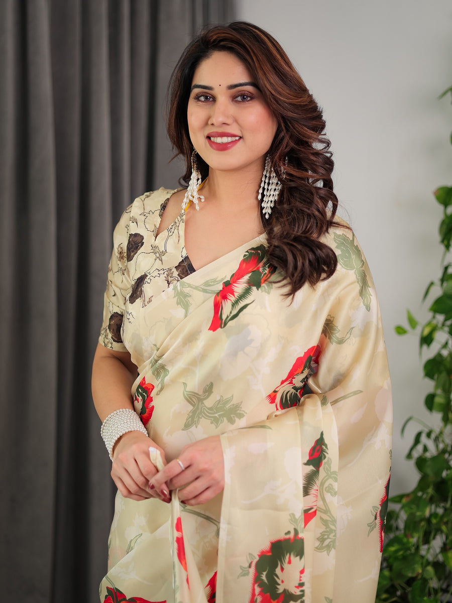 Cream Satin Georgette Saree | Red & Green Artistic Flower Print & Contrast Blouse – Buy Online