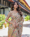 Ivory Beige Handloom Cotton Saree with Multicolor Floral & Peacock Tree of Life Pallu